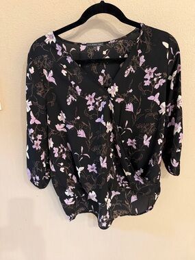 West Kei Black Floral Surplice Blouse with Lilac Blooms